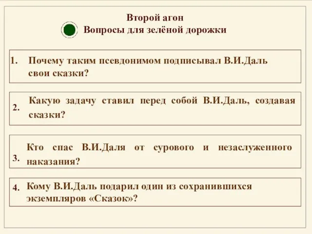 Второй агон Вопросы для зелёной дорожки Почему таким псевдонимом подписывал В.И.Даль