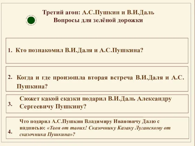 1. Кто познакомил В.И.Даля и А.С.Пушкина? 2. 3. 4. Третий агон: