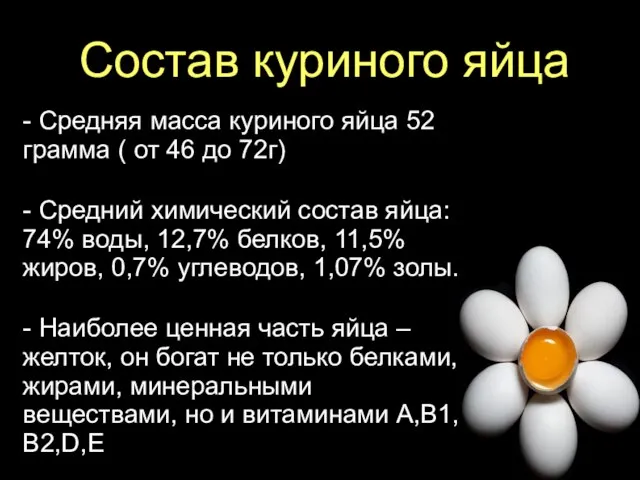 Состав куриного яйца - Средняя масса куриного яйца 52 грамма (