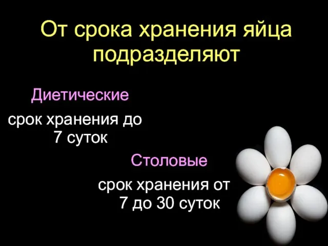 От срока хранения яйца подразделяют Диетические срок хранения до 7 суток