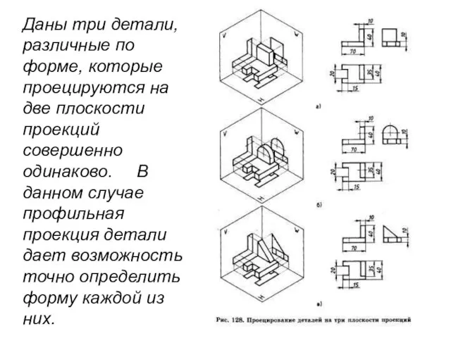 Даны три детали, различные по форме, которые проецируются на две плоскости