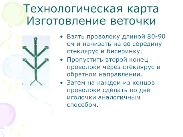 Технологическая карта Изготовление веточки Взять проволоку длиной 80-90 см и нанизать