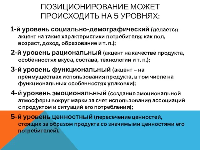 ПОЗИЦИОНИРОВАНИЕ МОЖЕТ ПРОИСХОДИТЬ НА 5 УРОВНЯХ: 1-й уровень социально-демографический (делается акцент