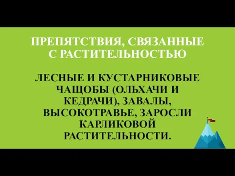 ПРЕПЯТСТВИЯ, СВЯЗАННЫЕ С РАСТИТЕЛЬНОСТЬЮ ЛЕСНЫЕ И КУСТАРНИКОВЫЕ ЧАЩОБЫ (ОЛЬХАЧИ И КЕДРАЧИ), ЗАВАЛЫ, ВЫСОКОТРАВЬЕ, ЗАРОСЛИ КАРЛИКОВОЙ РАСТИТЕЛЬНОСТИ.