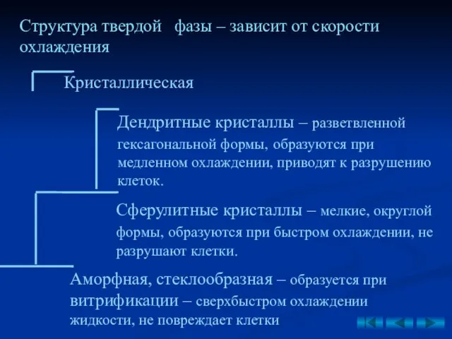 Структура твердой фазы – зависит от скорости охлаждения Дендритные кристаллы –