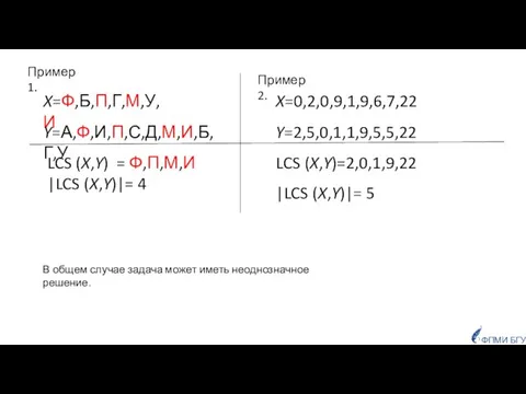 ФПМИ БГУ X=Ф,Б,П,Г,М,У,И Y=А,Ф,И,П,С,Д,М,И,Б,Г,У LCS (X,Y) = Ф,П,М,И |LCS (X,Y)|= 4