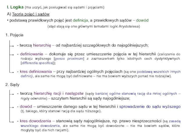 I. Logika (ma uczyć, jak posługiwać się sądami i pojęciami) A)