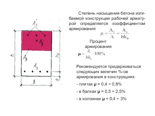 Степень насыщения бетона изги- баемой конструкции рабочей армату- рой определяется коэффициентом