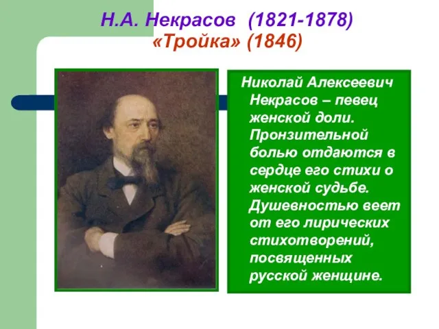 Н.А. Некрасов (1821-1878) «Тройка» (1846) Николай Алексеевич Некрасов – певец женской