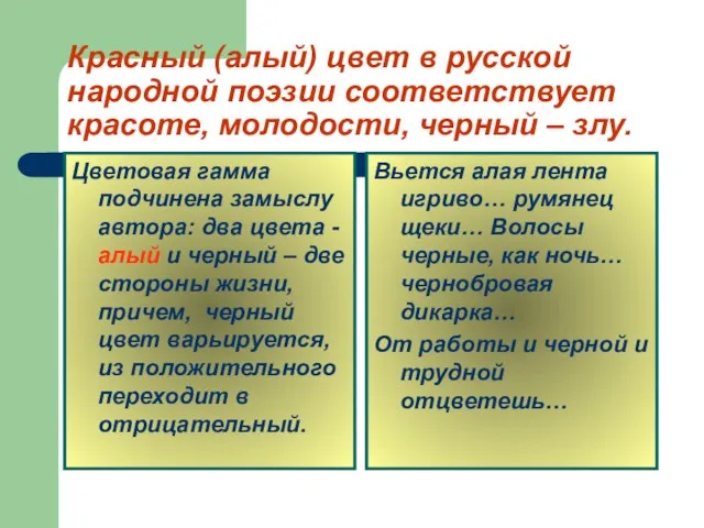 Красный (алый) цвет в русской народной поэзии соответствует красоте, молодости, черный