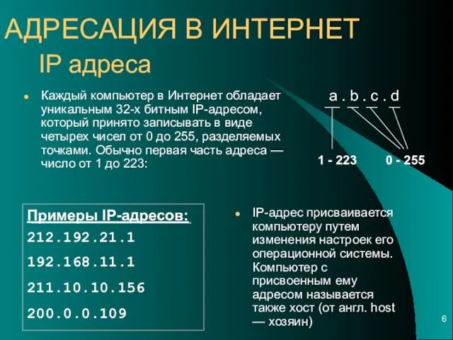 IP адреса IP-адрес присваивается компьютеру путем изменения настроек его операционной системы.