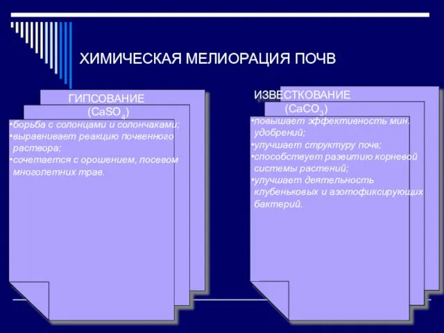 ХИМИЧЕСКАЯ МЕЛИОРАЦИЯ ПОЧВ ГИПСОВАНИЕ (CaSO4) борьба с солонцами и солончаками; выравнивает