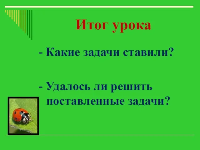 Итог урока - Какие задачи ставили? - Удалось ли решить поставленные задачи?