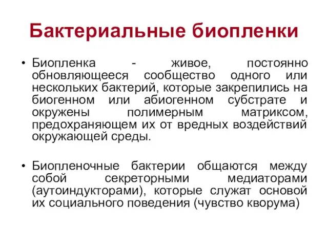 Бактериальные биопленки Биопленка - живое, постоянно обновляющееся сообщество одного или нескольких