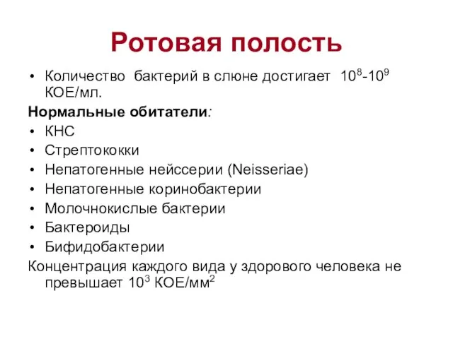 Ротовая полость Количество бактерий в слюне достигает 108-109 КОЕ/мл. Нормальные обитатели: