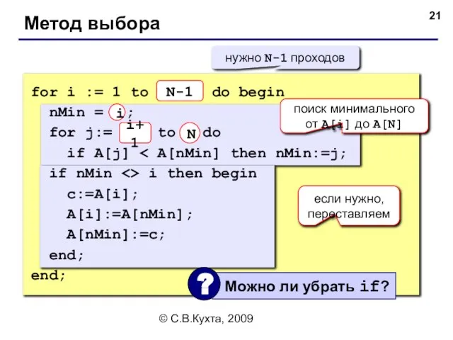 © С.В.Кухта, 2009 Метод выбора for i := 1 to N-1