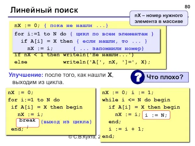 © С.В.Кухта, 2009 Линейный поиск nX := 0; for i:=1 to