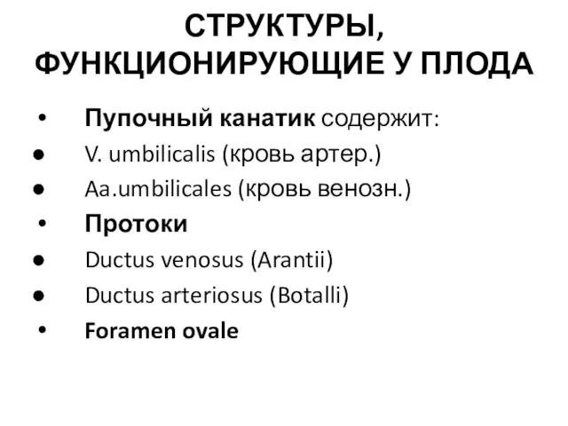 СТРУКТУРЫ, ФУНКЦИОНИРУЮЩИЕ У ПЛОДА Пупочный канатик содержит: V. umbilicalis (кровь артер.)