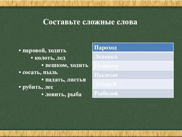 Составьте сложные слова • паровой, ходить • колоть, лед • пешком,