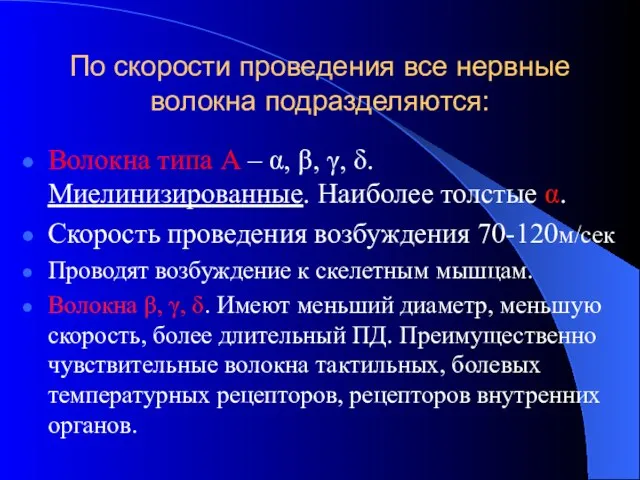 По скорости проведения все нервные волокна подразделяются: Волокна типа А –