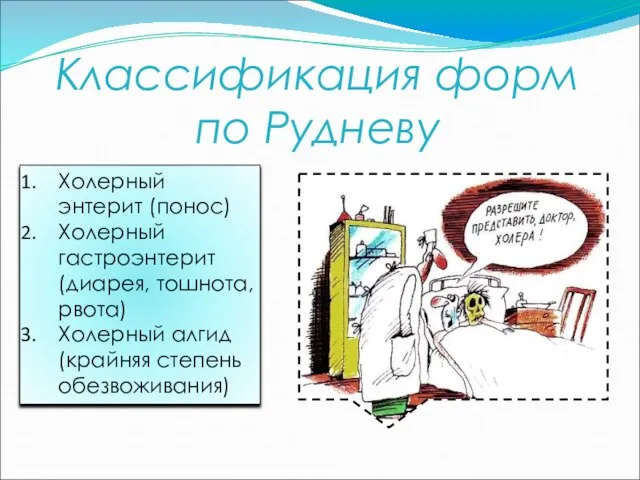 Классификация форм по Рудневу Холерный энтерит (понос) Холерный гастроэнтерит (диарея, тошнота,