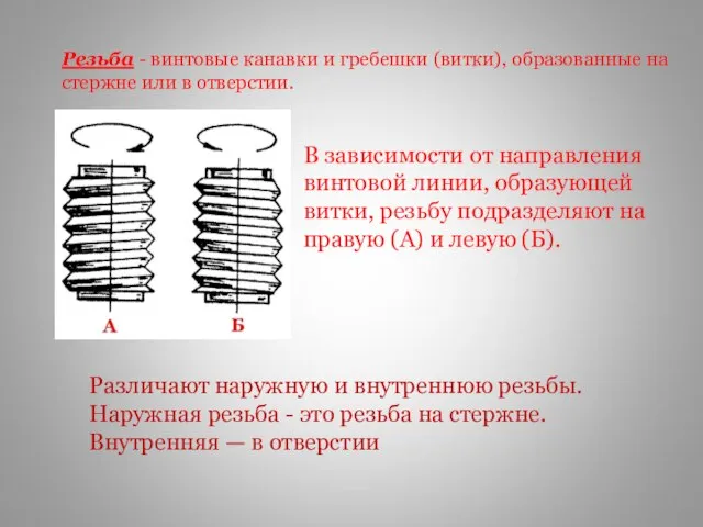 Резьба - винтовые канавки и гребешки (витки), образованные на стержне или