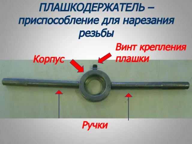 ПЛАШКОДЕРЖАТЕЛЬ – приспособление для нарезания резьбы Корпус Ручки Винт крепления плашки