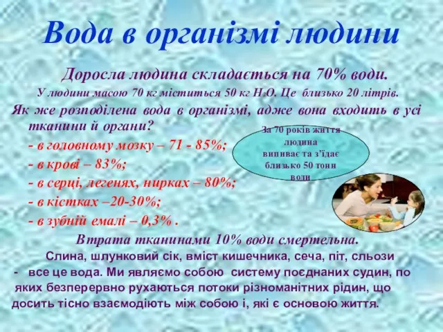 Вода в організмі людини Доросла людина складається на 70% води. У