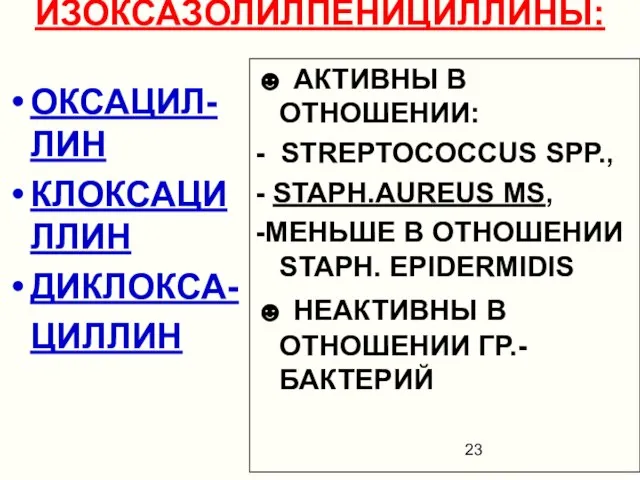 ИЗОКСАЗОЛИЛПЕНИЦИЛЛИНЫ: ОКСАЦИЛ-ЛИН КЛОКСАЦИЛЛИН ДИКЛОКСА- ЦИЛЛИН ☻ АКТИВНЫ В ОТНОШЕНИИ: - STREPTOCOCCUS