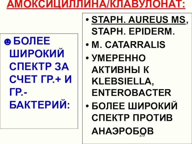 АМОКСИЦИЛЛИНА/КЛАВУЛОНАТ: ☻БОЛЕЕ ШИРОКИЙ СПЕКТР ЗА СЧЕТ ГР.+ И ГР.- БАКТЕРИЙ: STAPH.