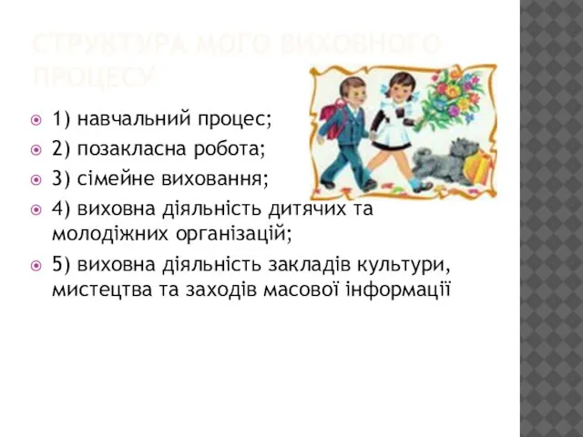 СТРУКТУРА МОГО ВИХОВНОГО ПРОЦЕСУ 1) навчальний процес; 2) позакласна робота; 3)