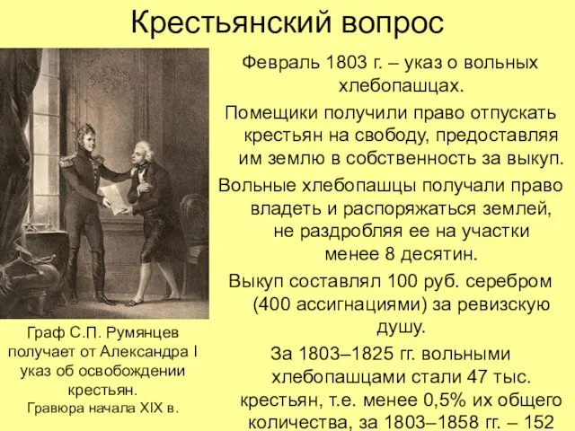 Крестьянский вопрос Февраль 1803 г. – указ о вольных хлебопашцах. Помещики