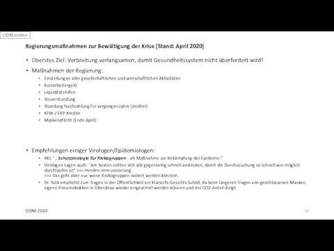 Regierungsmaßnahmen zur Bewältigung der Krise [Stand: April 2020] Oberstes Ziel: Verbreitung