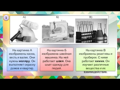 На картинке В изображены реактивы и пробирки. С ними работает химик.