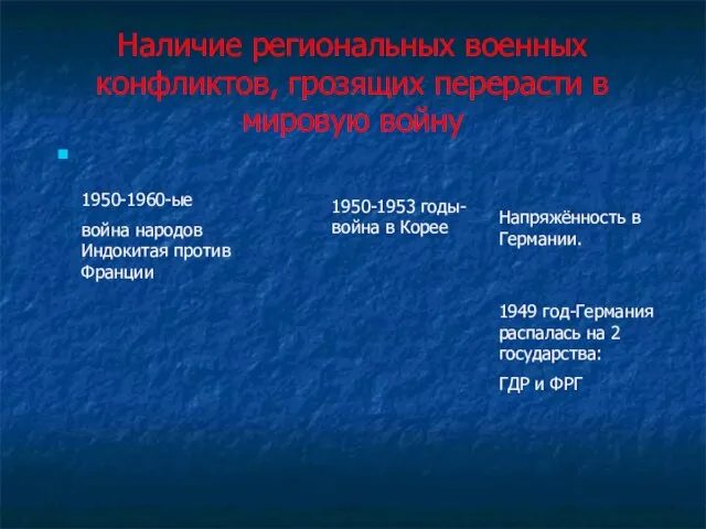 Наличие региональных военных конфликтов, грозящих перерасти в мировую войну 1950-1960-ые война