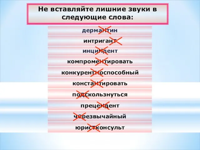 черезвычайный Не вставляйте лишние звуки в следующие слова: компроментировать конкурентноспособный константировать