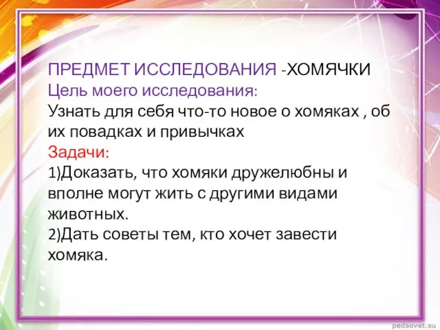 ПРЕДМЕТ ИССЛЕДОВАНИЯ -ХОМЯЧКИ Цель моего исследования: Узнать для себя что-то новое