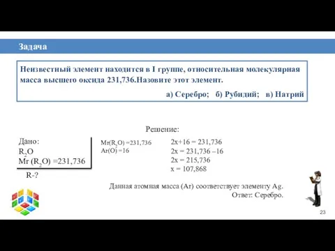 Задача Неизвестный элемент находится в I группе, относительная молекулярная масса высшего