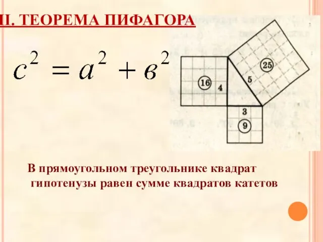 В прямоугольном треугольнике квадрат гипотенузы равен сумме квадратов катетов II. ТЕОРЕМА ПИФАГОРА