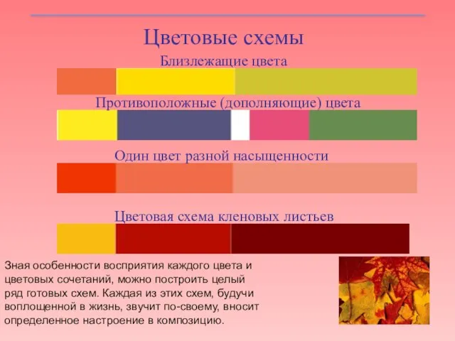 Цветовые схемы Близлежащие цвета Противоположные (дополняющие) цвета Один цвет разной насыщенности