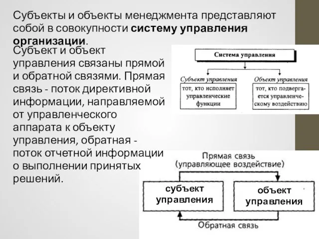 Субъект и объект управления связаны прямой и обратной связями. Прямая связь