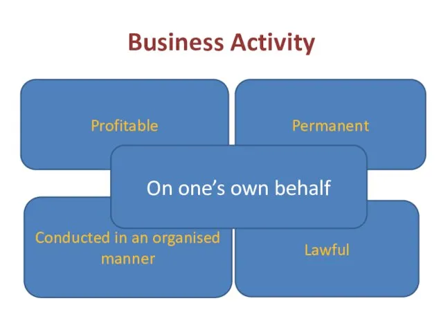 Business Activity Profitable Conducted in an organised manner Permanent Lawful On one’s own behalf