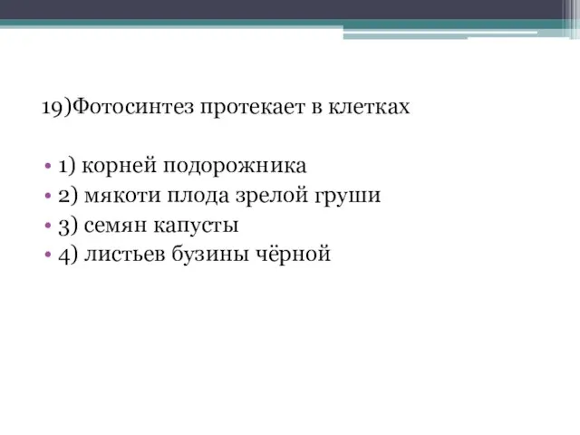 19)Фотосинтез протекает в клетках 1) корней подорожника 2) мякоти плода зрелой