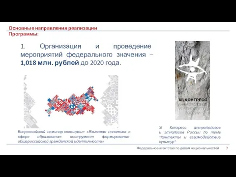 Федеральное агентство по делам национальностей Основные направления реализации Программы: 1. Организация