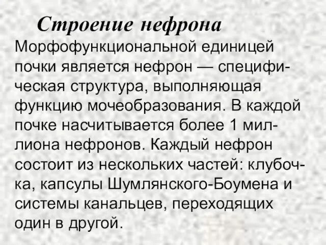 Строение нефрона Морфофункциональной единицей почки является нефрон — специфи-ческая структура, выполняющая