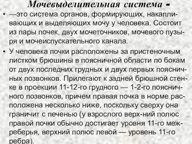 Мочевыделительная система - —это система органов, формирующих, накапли-вающих и выделяющих мочу