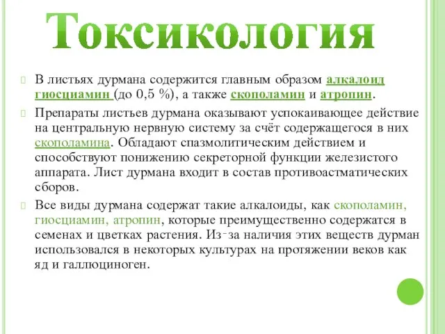 Токсикология В листьях дурмана содержится главным образом алкалоид гиосциамин (до 0,5