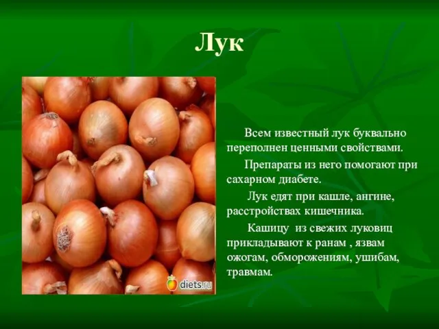 Лук Всем известный лук буквально переполнен ценными свойствами. Препараты из него