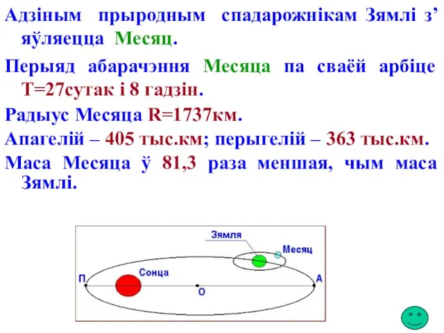 Адзіным прыродным спадарожнікам Зямлі з’яўляецца Месяц. Перыяд абарачэння Месяца па сваёй