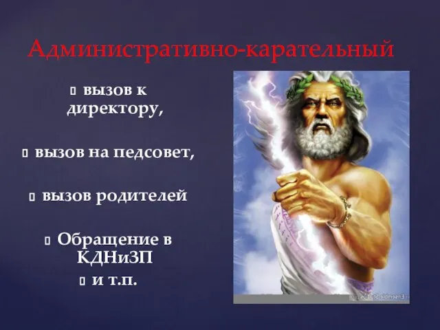 Административно-карательный вызов к директору, вызов на педсовет, вызов родителей Обращение в КДНиЗП и т.п.